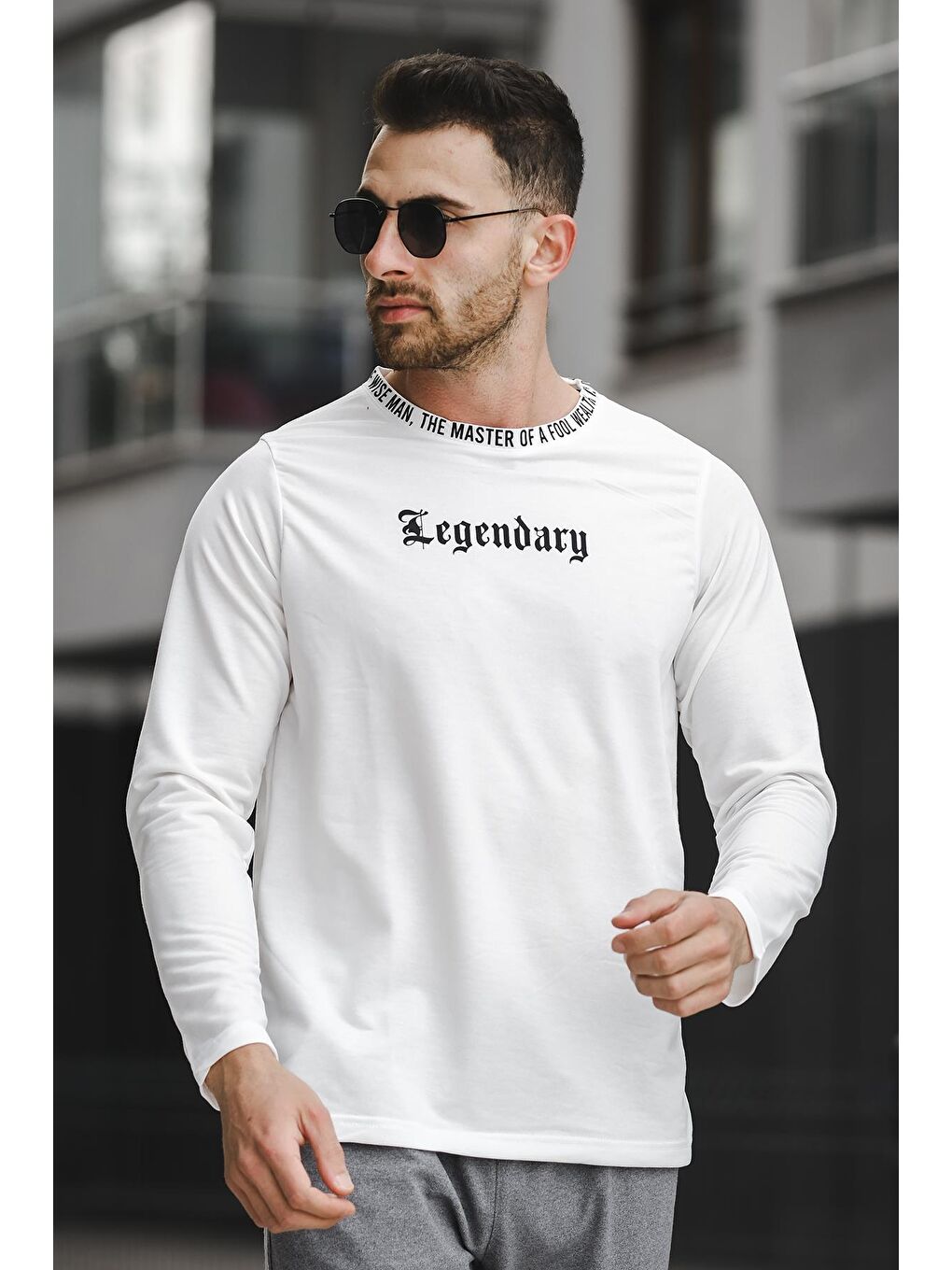 Beyaz Yakası Baskılı Slim Fit Likralı Sıfır Yaka Erkek Sweatshirt-2
