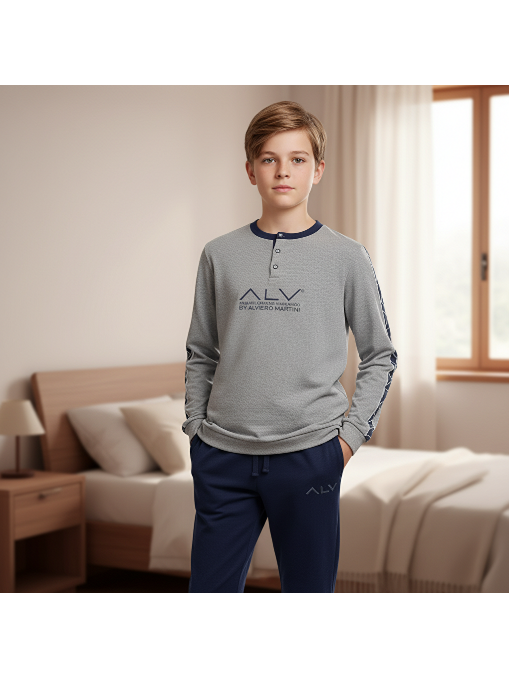 Genç Erkek Pamuklu Gri Melanj - Lacivert Renk Pijama Takımı Al003 V2 Bb2435-2