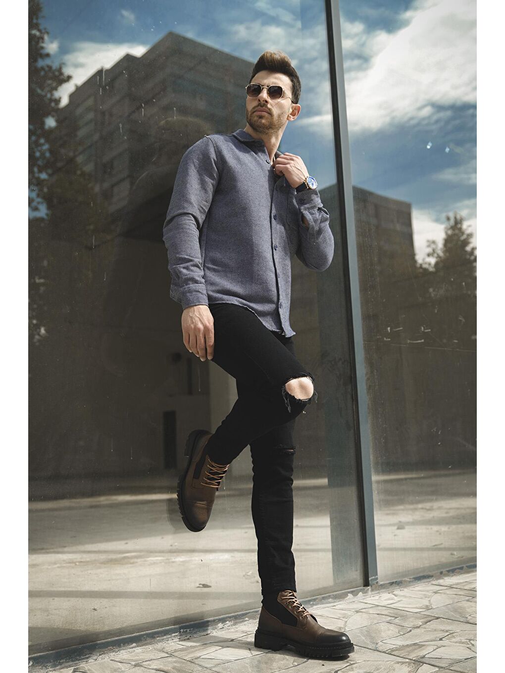 Lacivert Slim Fit Tek Cep Kışlık Oxford Erkek Gömlek-1