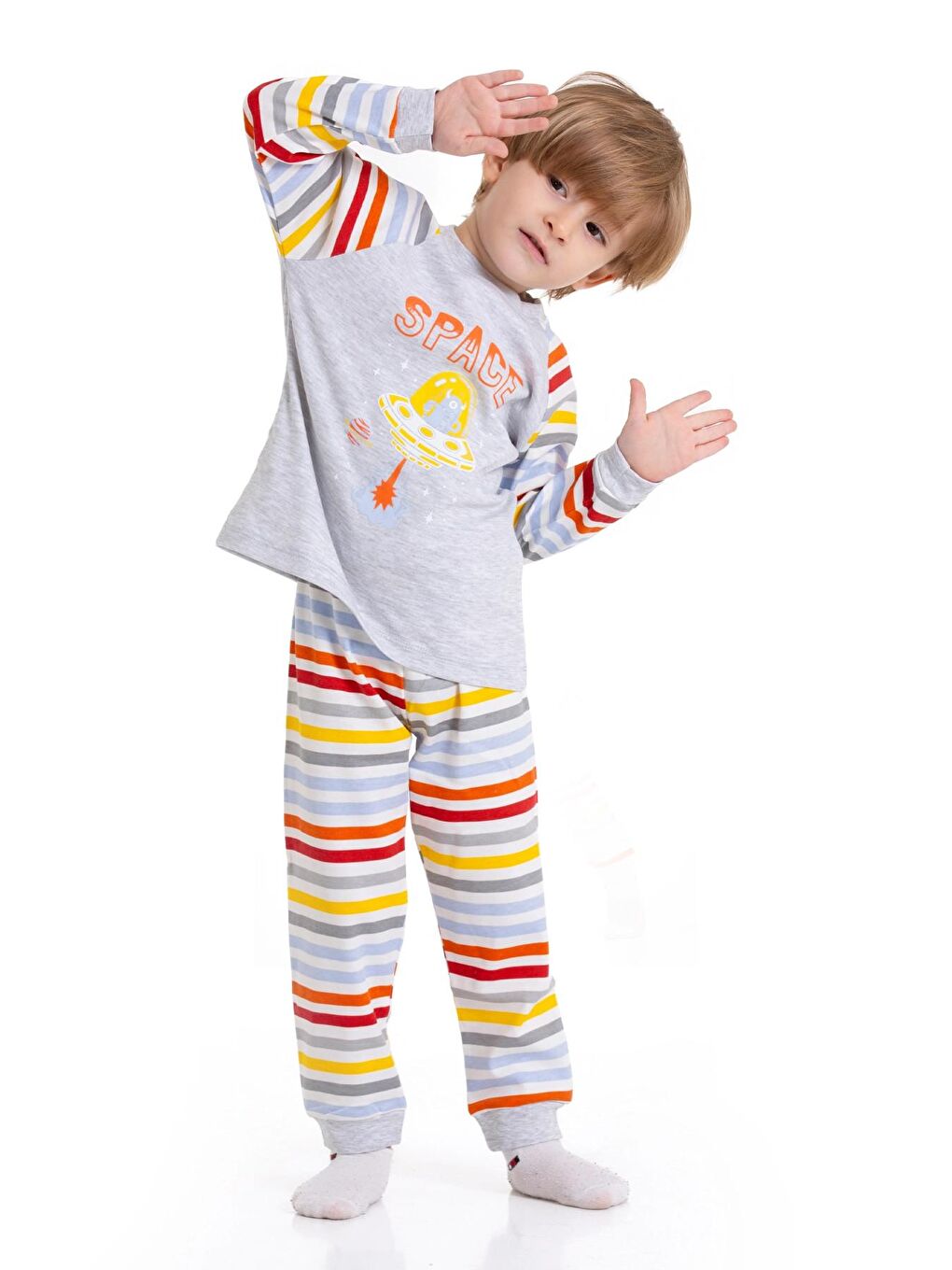 Gri Astronot Baskılı Çizgili Pijama Takım 54210