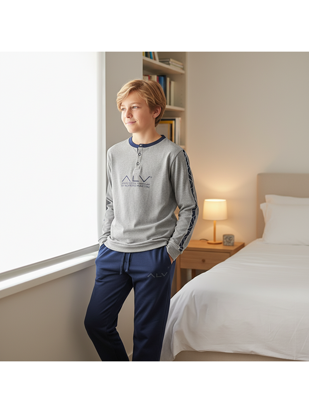 Genç Erkek Pamuklu Gri Melanj - Lacivert Renk Pijama Takımı Al003 V2 Bb2435-3