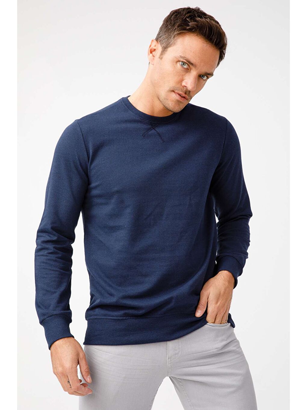 Erkek Lacivert Modernfit / Ekstra Dar Kalıp Bisiklet Yaka Sweatshirt