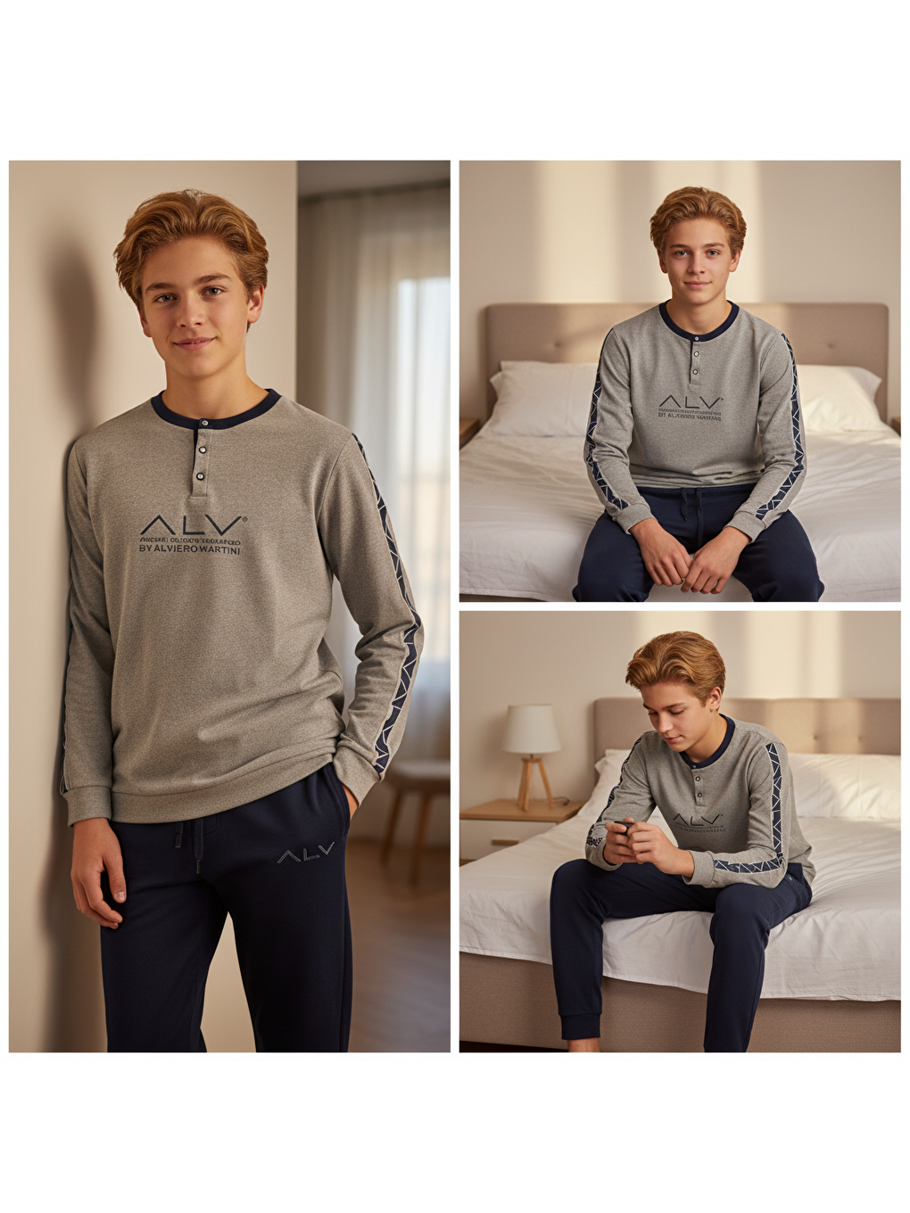 Genç Erkek Pamuklu Gri Melanj - Lacivert Renk Pijama Takımı Al003 V2 Bb2435-5