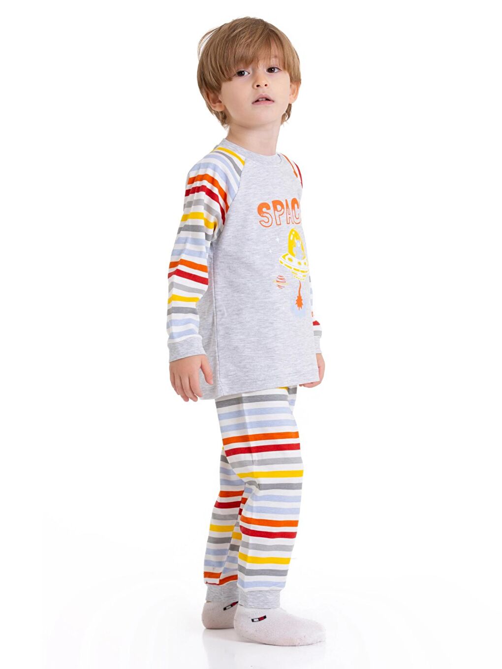 Gri Astronot Baskılı Çizgili Pijama Takım 54210-1