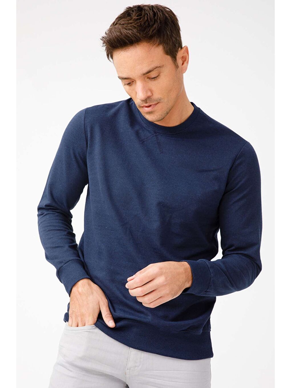 Erkek Lacivert Modernfit / Ekstra Dar Kalıp Bisiklet Yaka Sweatshirt-2