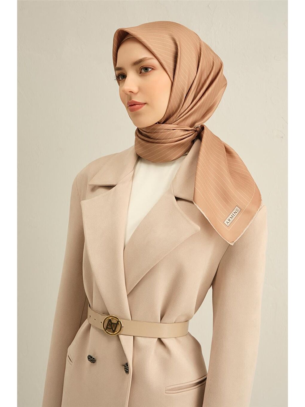 Kahverengi Desenli Saf İpek Twill Eşarp 9348 83