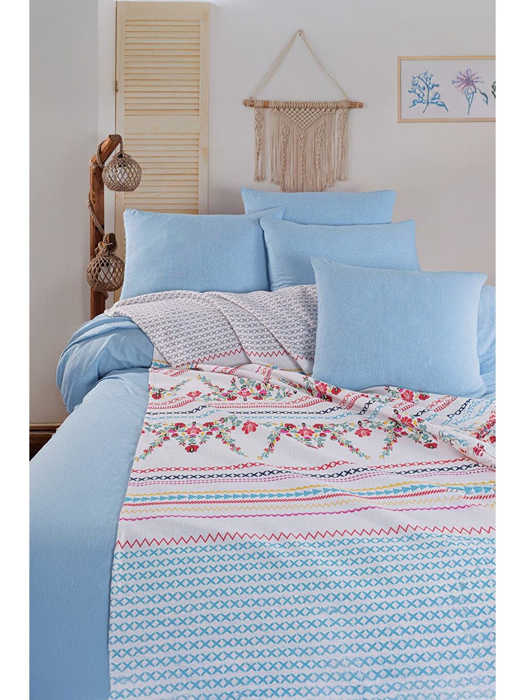 Mavi Yaprak Desenli Çift Kişilik Pike Takımı-2