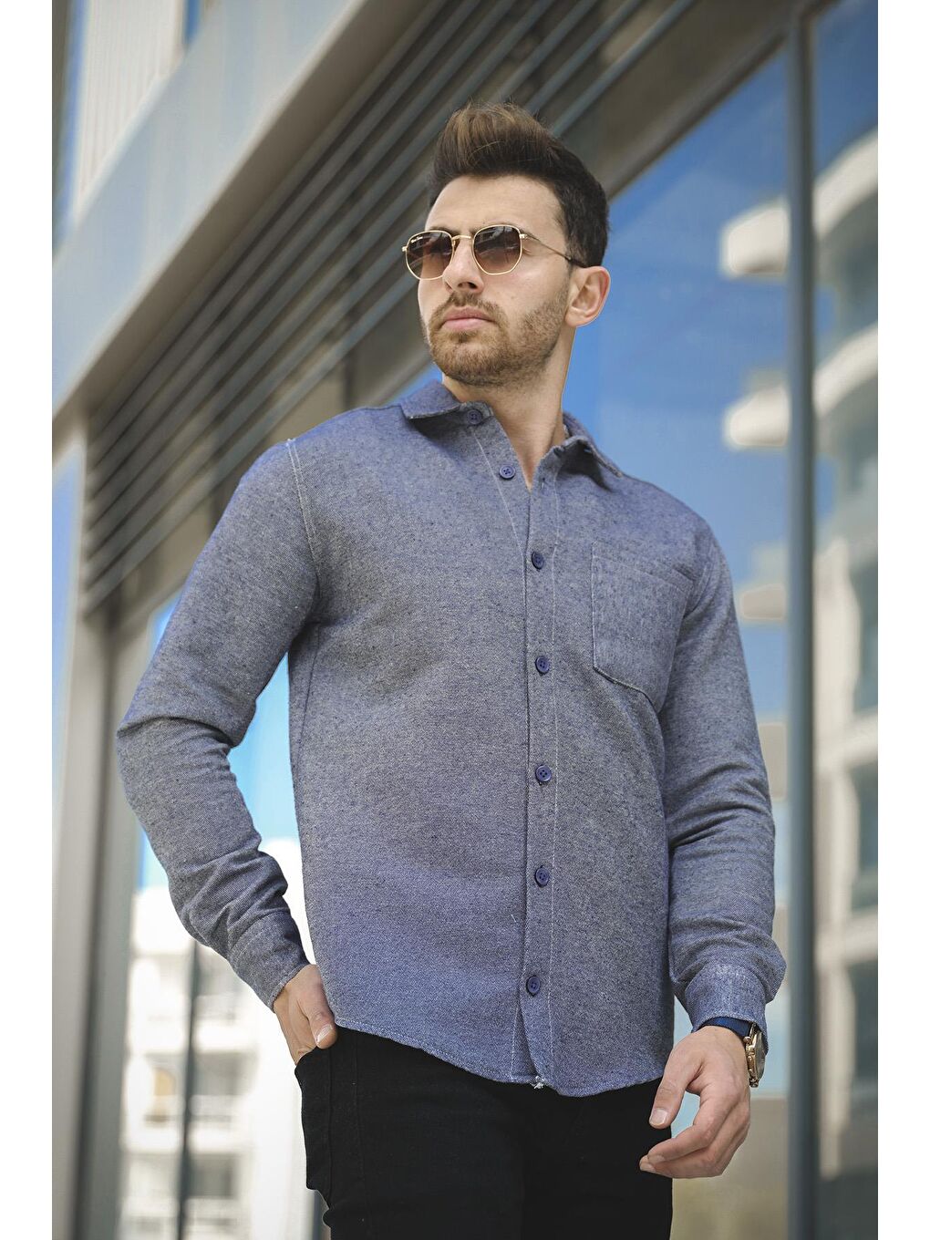 Lacivert Slim Fit Tek Cep Kışlık Oxford Erkek Gömlek-3