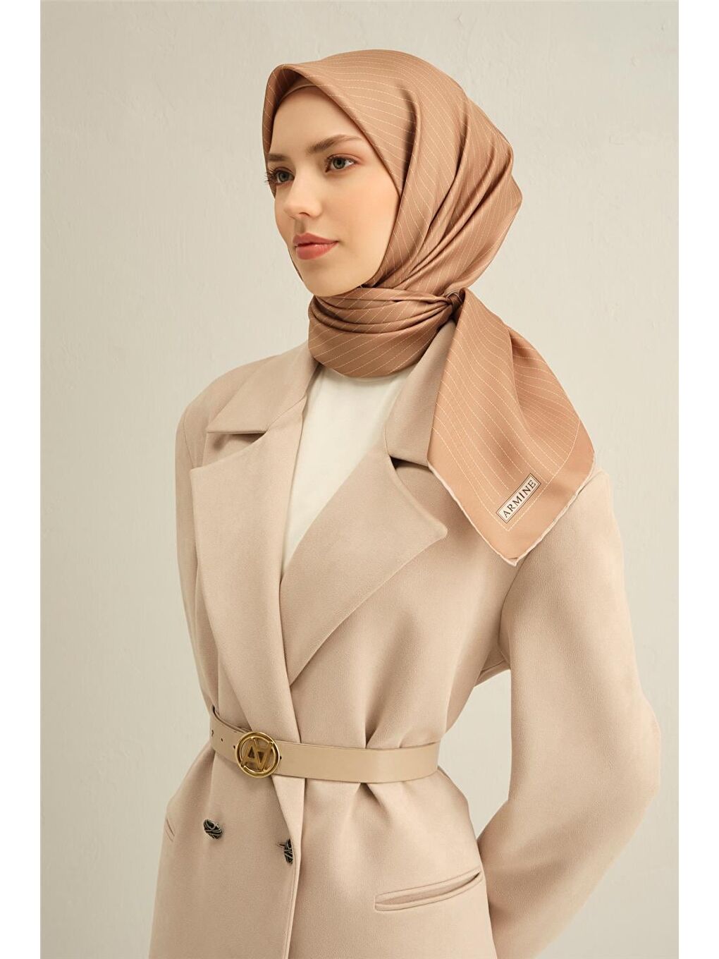 Kahverengi Desenli Saf İpek Twill Eşarp 9348 83-2