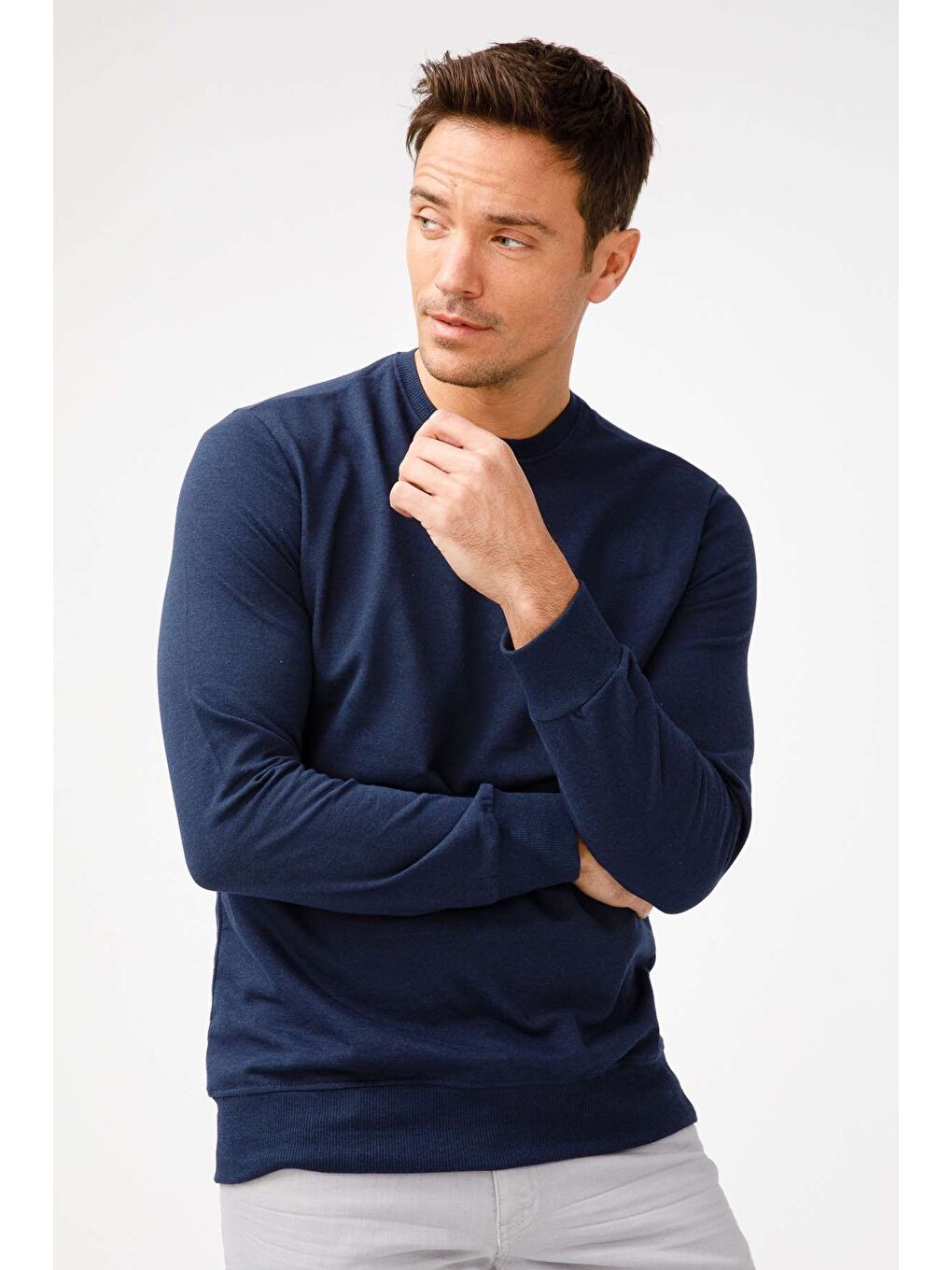 Erkek Lacivert Modernfit / Ekstra Dar Kalıp Bisiklet Yaka Sweatshirt-4