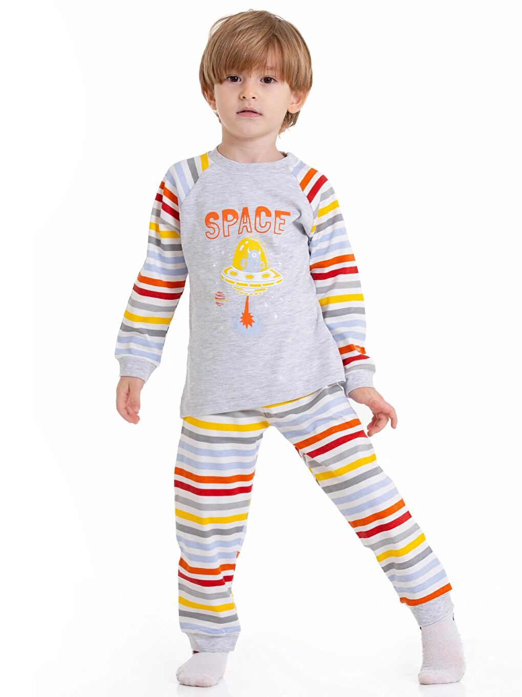 Gri Astronot Baskılı Çizgili Pijama Takım 54210-2