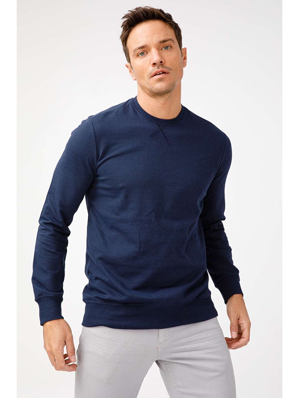 Erkek Lacivert Modernfit / Ekstra Dar Kalıp Bisiklet Yaka Sweatshirt-5