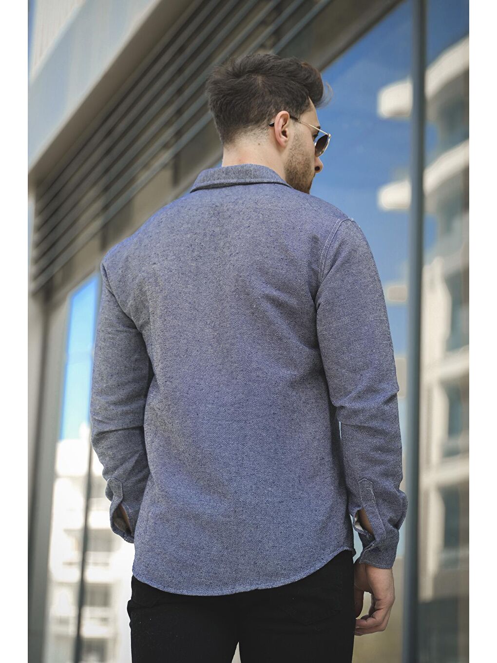 Lacivert Slim Fit Tek Cep Kışlık Oxford Erkek Gömlek-4