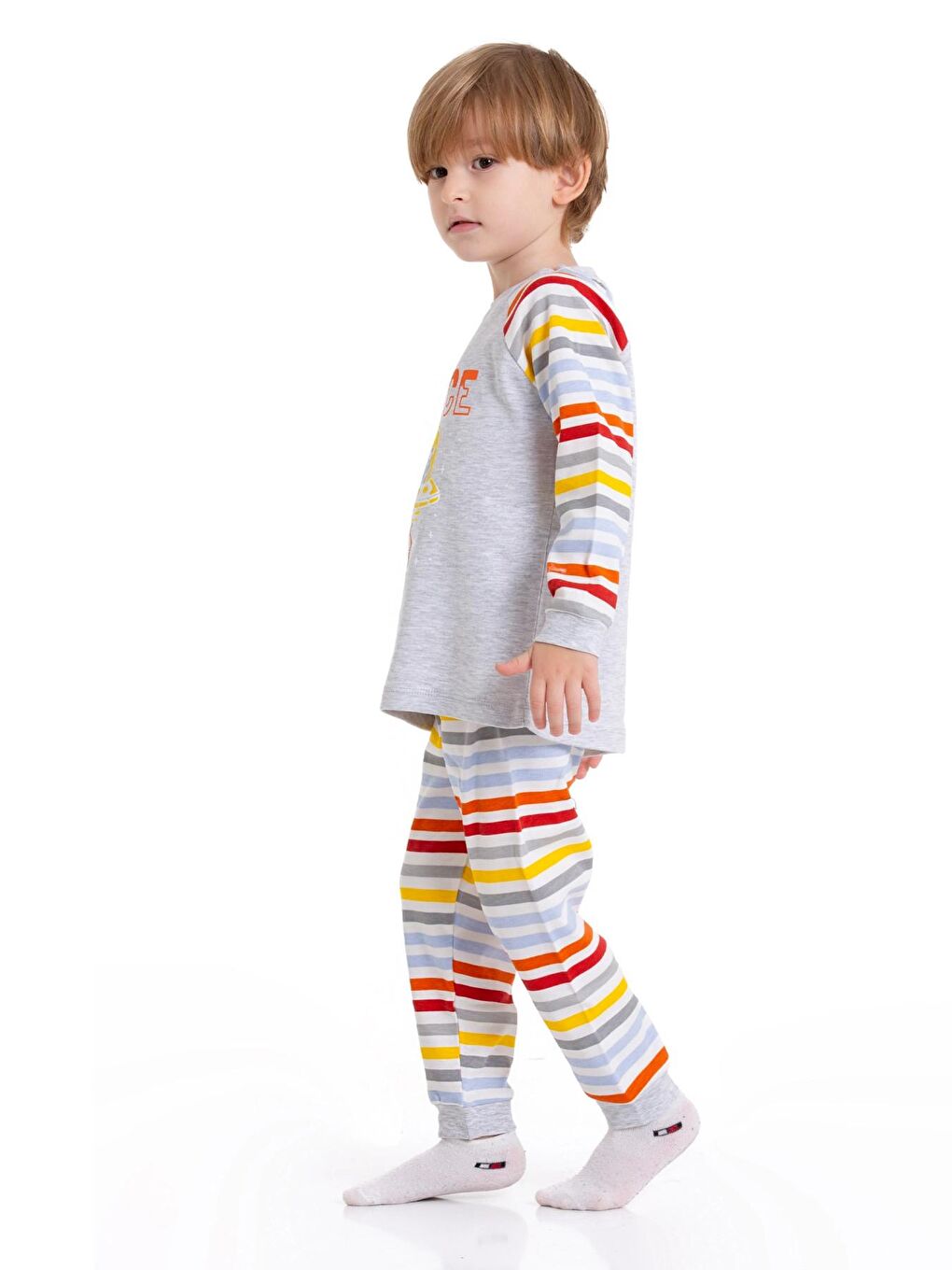 Gri Astronot Baskılı Çizgili Pijama Takım 54210-3