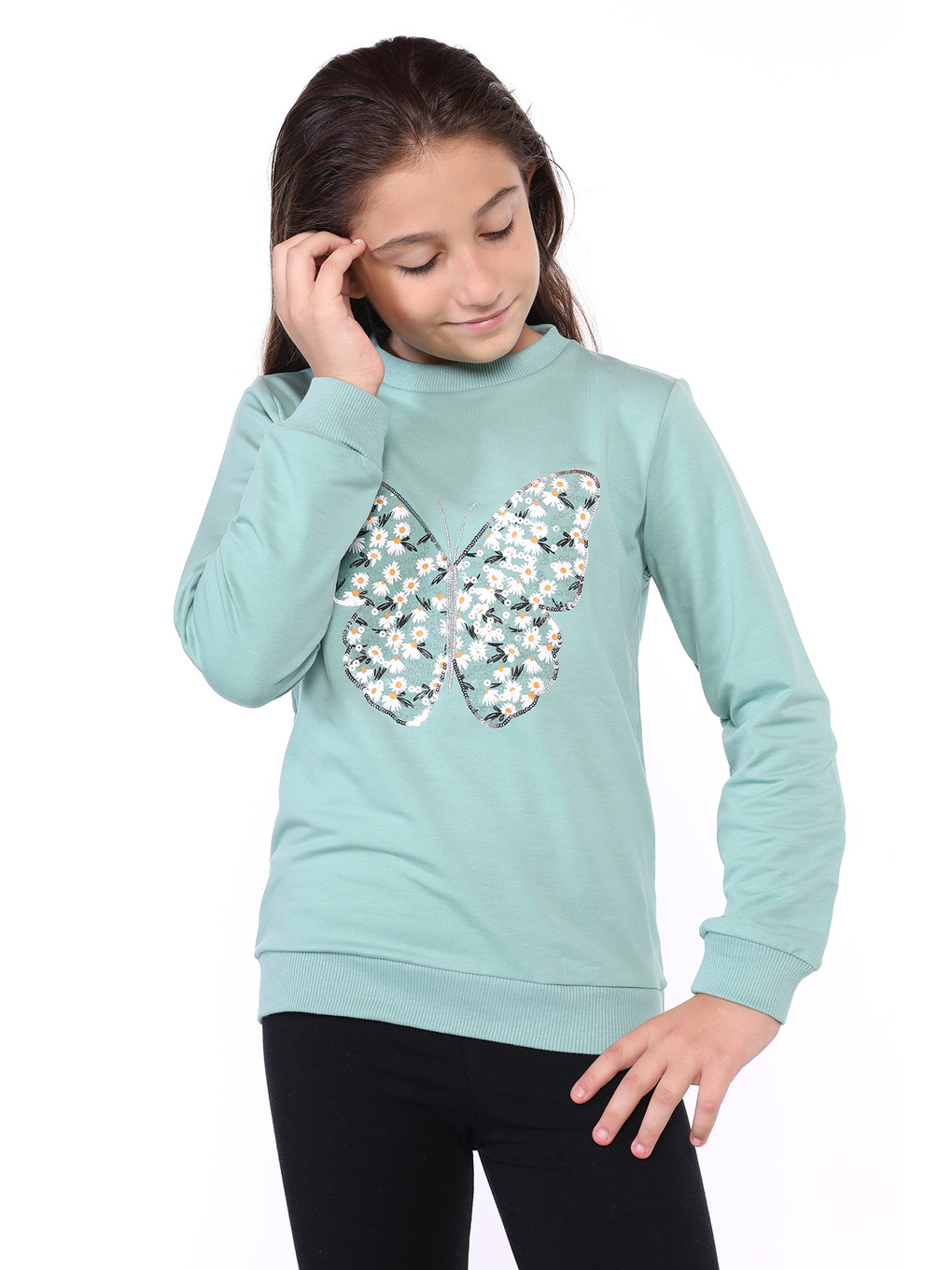 Yeşil Kız Çocuk Kelebek İşlemeli Sweatshirt