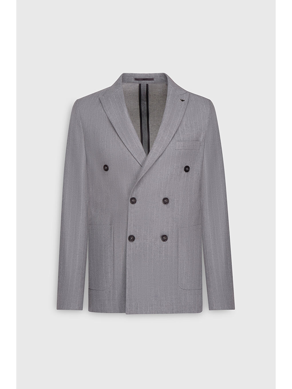 Erkek Gri Yünlü Slim Fit Dar Kesim Kırlangıç Yaka Çizgili Torba Cepli Ceket