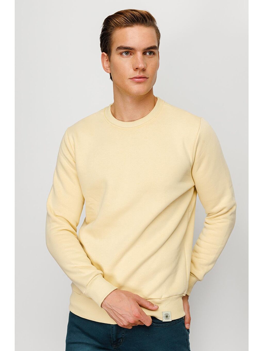 Erkek Sarı Bisiklet Yaka Sweatshirt