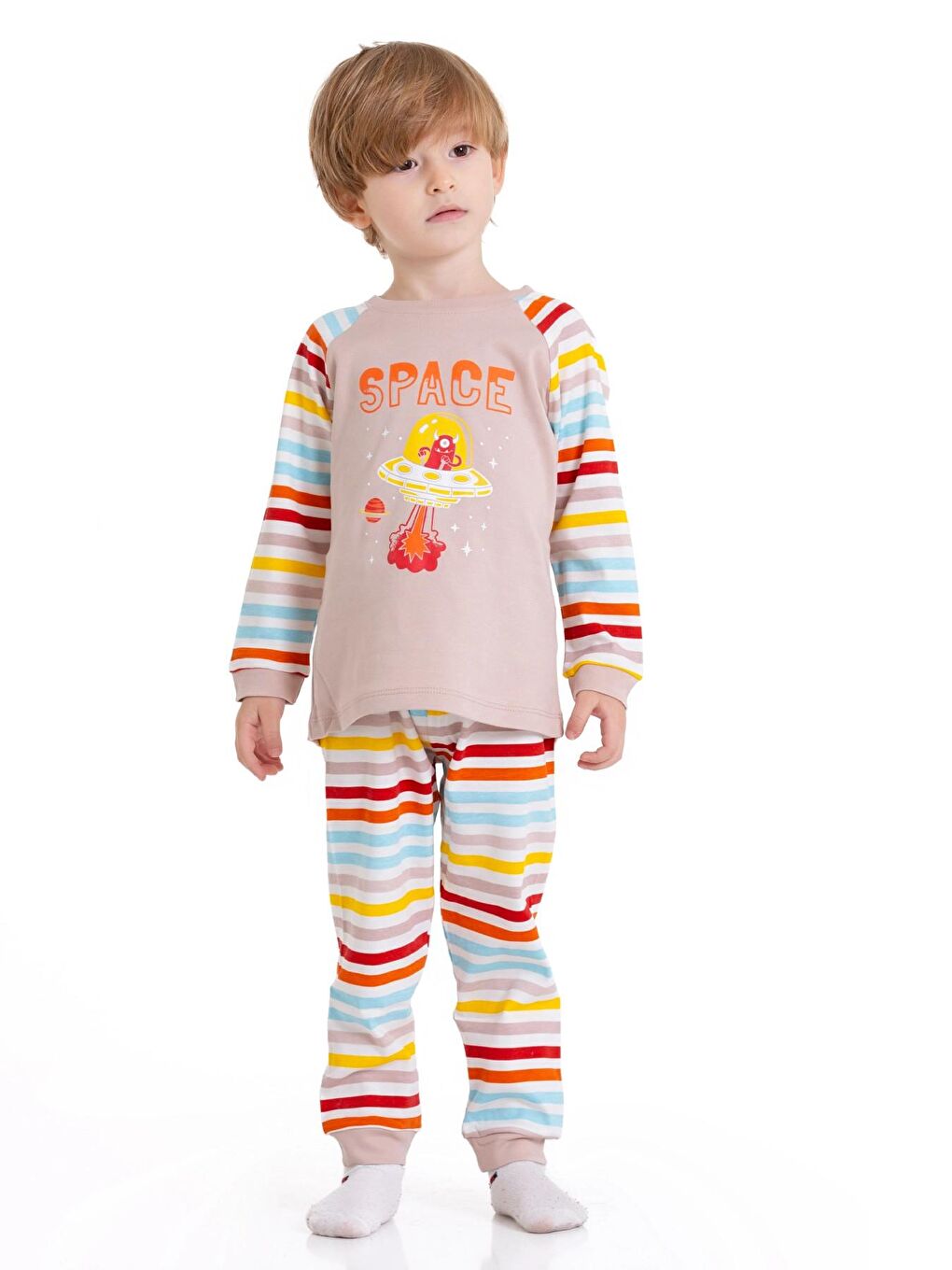 Bej Astronot Baskılı Çizgili Pijama Takım 54210