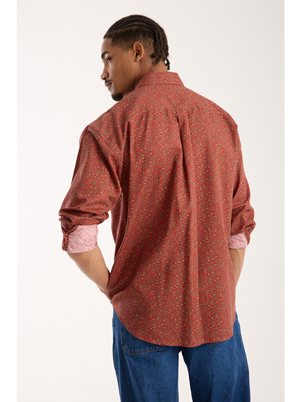 Rio Poplin Pamuklu Oversize Fit Kırmızı Klasik Yaka Erkek Baskılı Gömlek-3