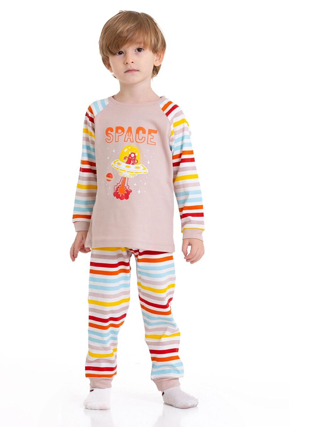 Bej Astronot Baskılı Çizgili Pijama Takım 54210-1