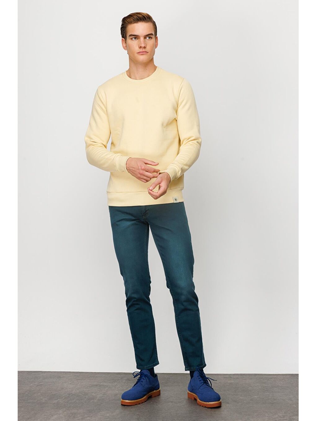 Erkek Sarı Bisiklet Yaka Sweatshirt-5
