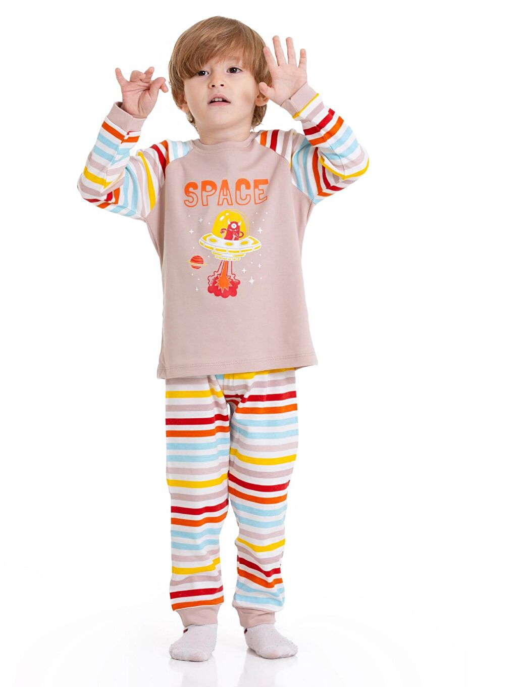 Bej Astronot Baskılı Çizgili Pijama Takım 54210-2