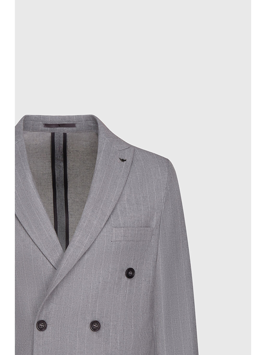 Erkek Gri Yünlü Slim Fit Dar Kesim Kırlangıç Yaka Çizgili Torba Cepli Ceket-1