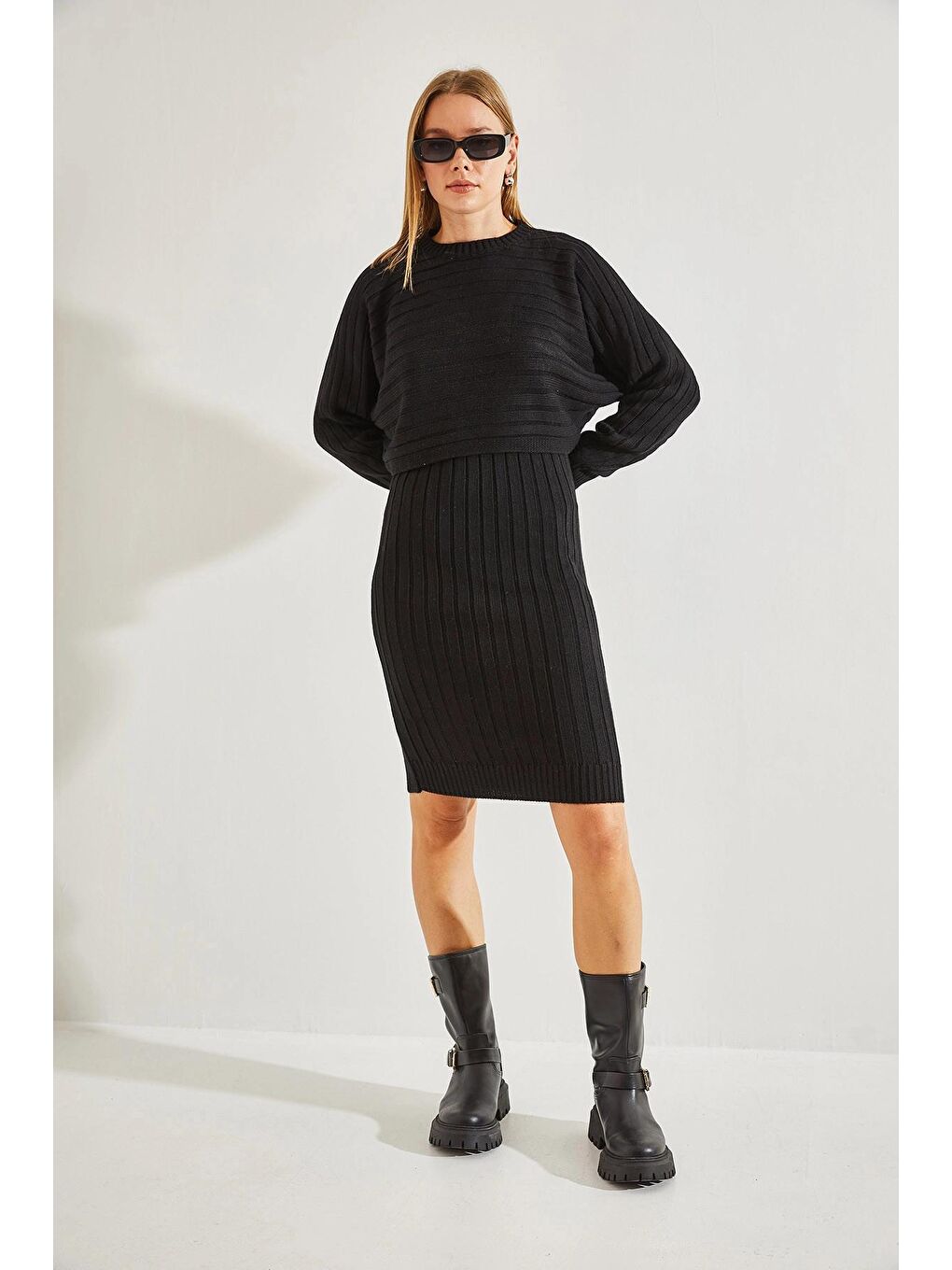 Siyah Kadın Triko Askılı Elbise Kazak İkili Takım-1