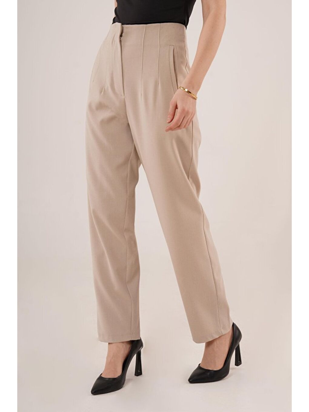 Ekru Çift Pens Detaylı Krem Pantolon