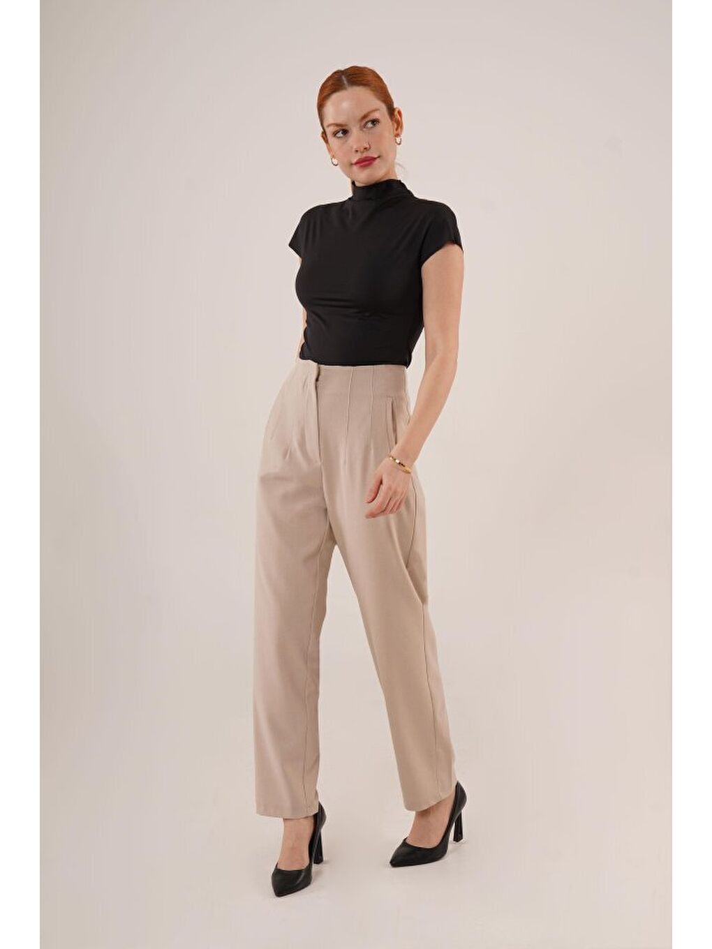 Ekru Çift Pens Detaylı Krem Pantolon-1