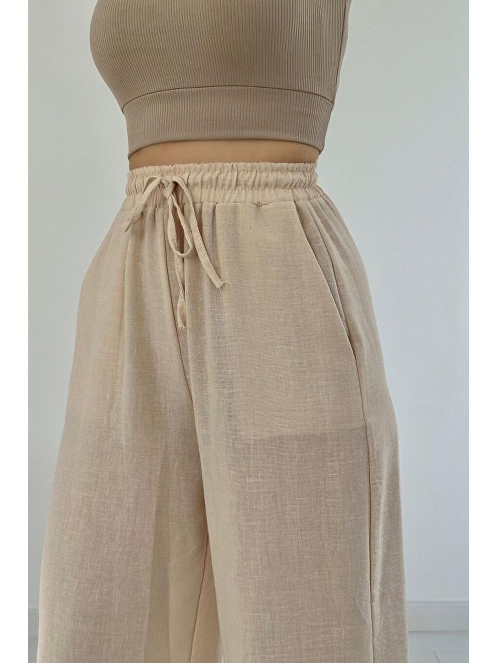 Bej Keten Pantolon-1