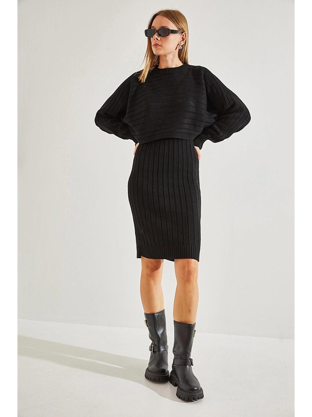 Siyah Kadın Triko Askılı Elbise Kazak İkili Takım-3