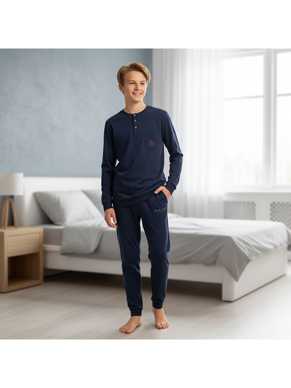 Genç Erkek Pamuklu Lacivert Renk Pijama Takımı Al007 V1 Bb2436