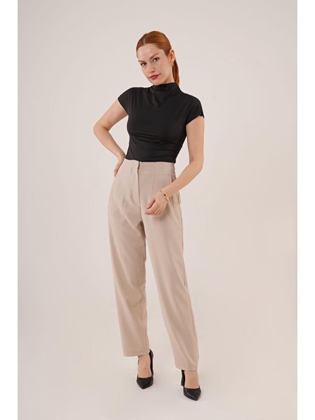 Ekru Çift Pens Detaylı Krem Pantolon-3