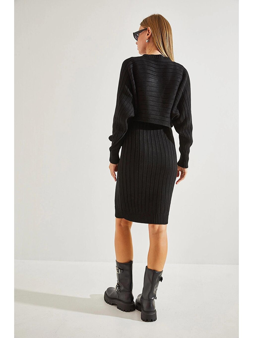 Siyah Kadın Triko Askılı Elbise Kazak İkili Takım-4