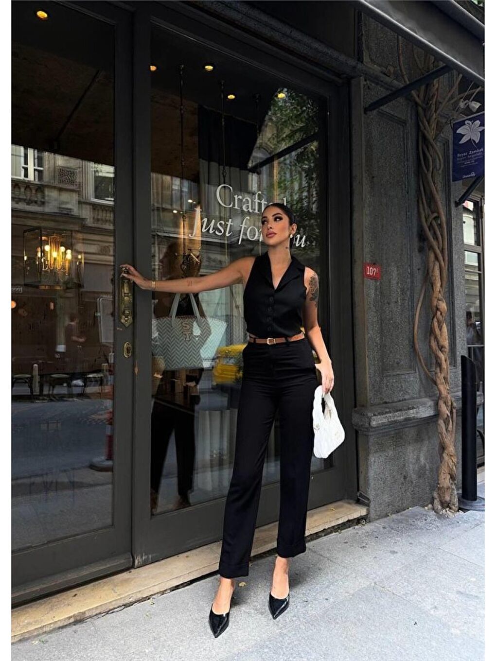 KETEN DUBLE PAÇA DERİ TABA KEMERLİ PANTOLON - Siyah-1