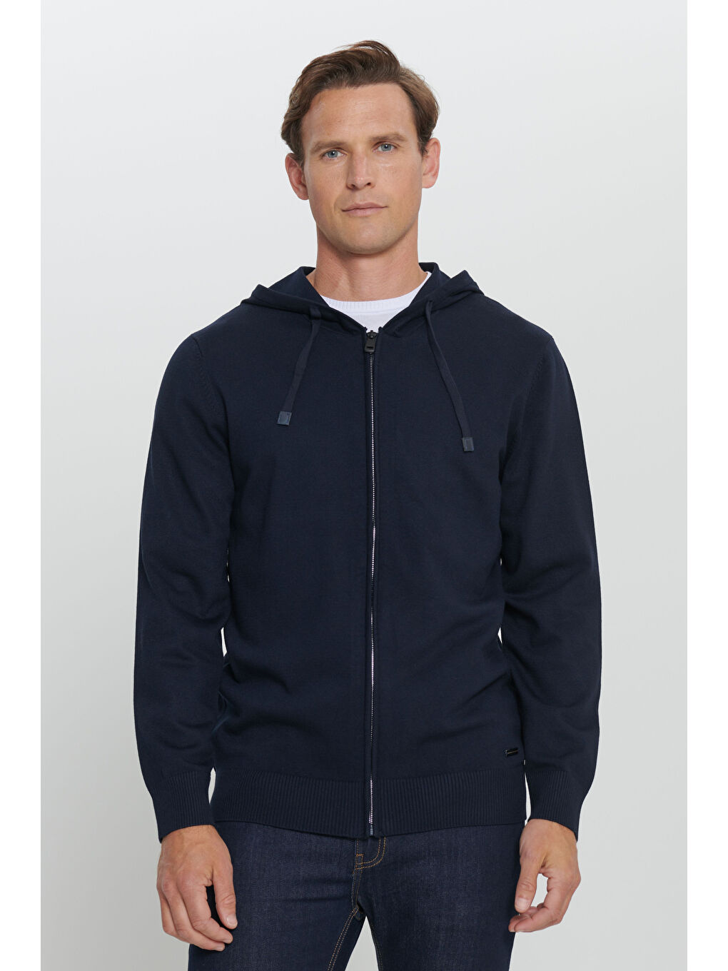 Lacivert Standart Fit Normal Kesim Kapüşonlu Triko Erkek Polar Fermuarlı Sweatshirt Hırka