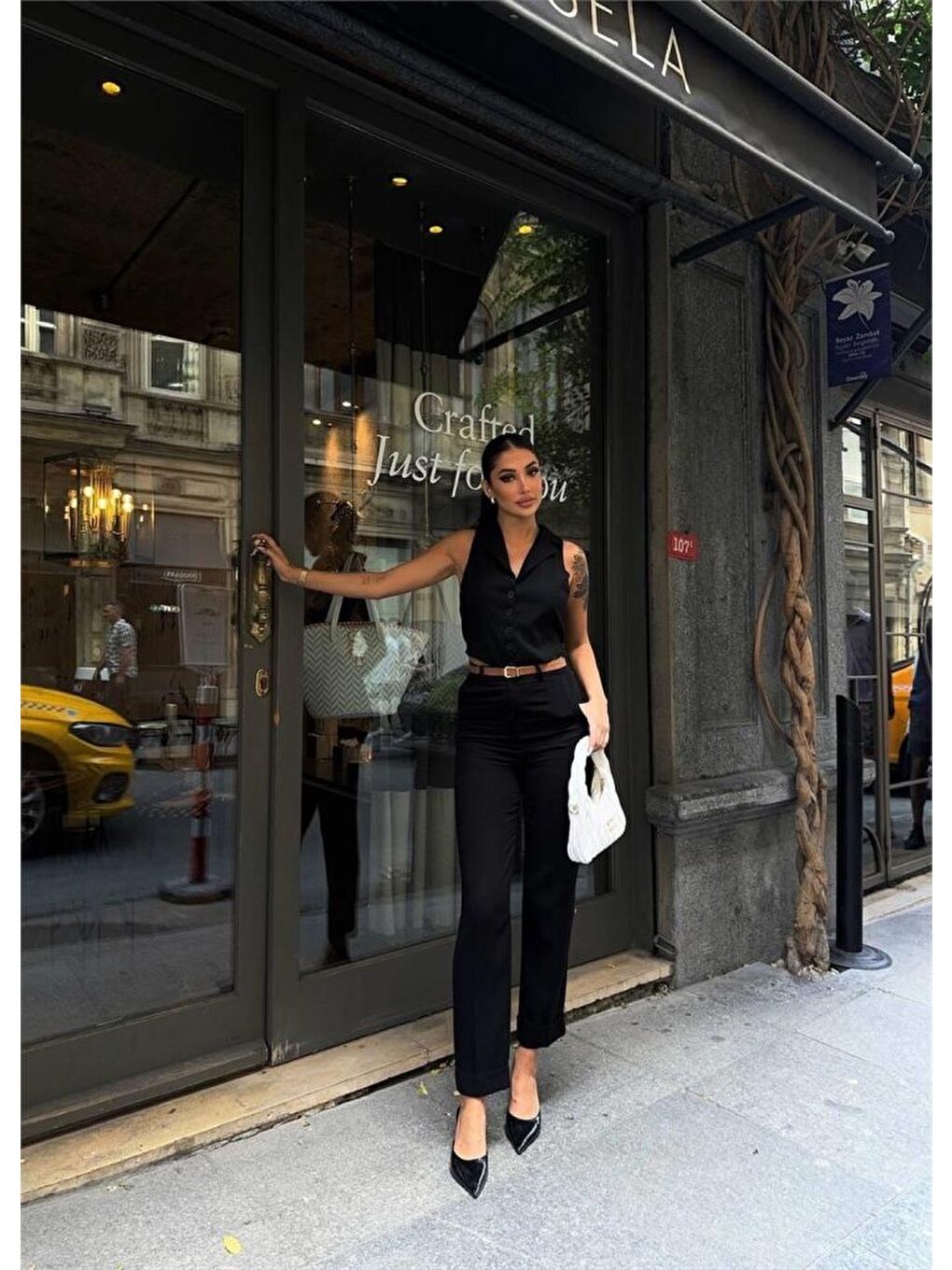 KETEN DUBLE PAÇA DERİ TABA KEMERLİ PANTOLON - Siyah-2