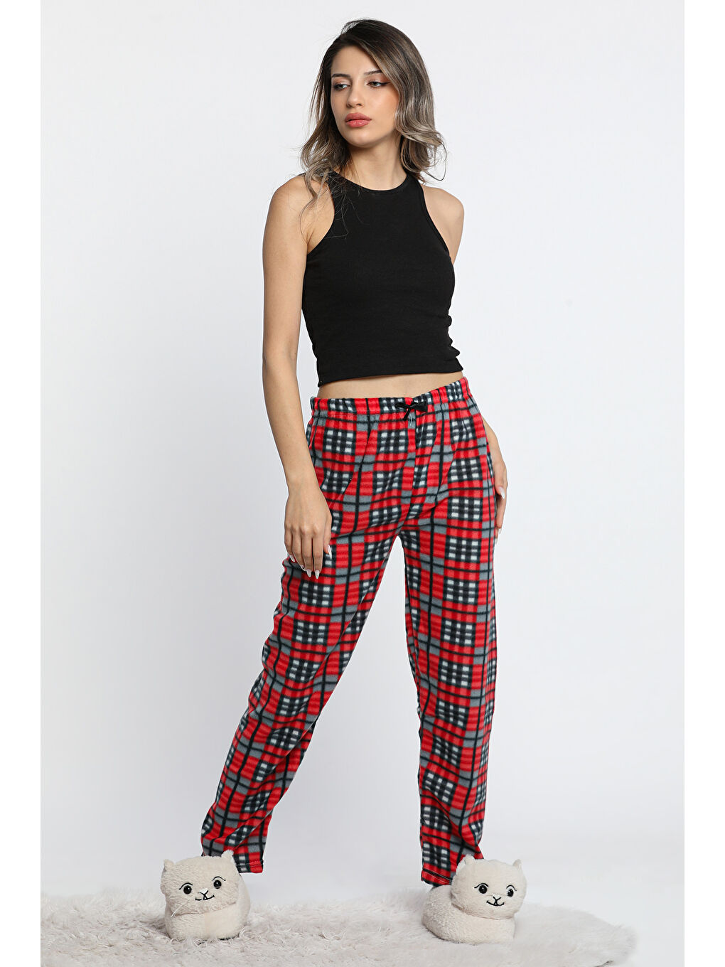 Kırmızı Kadın Bel Lastikli Desenli Polar Alt Pijama