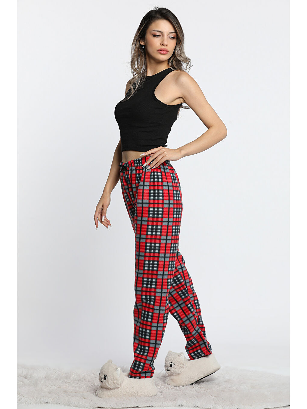 Kırmızı Kadın Bel Lastikli Desenli Polar Alt Pijama-1