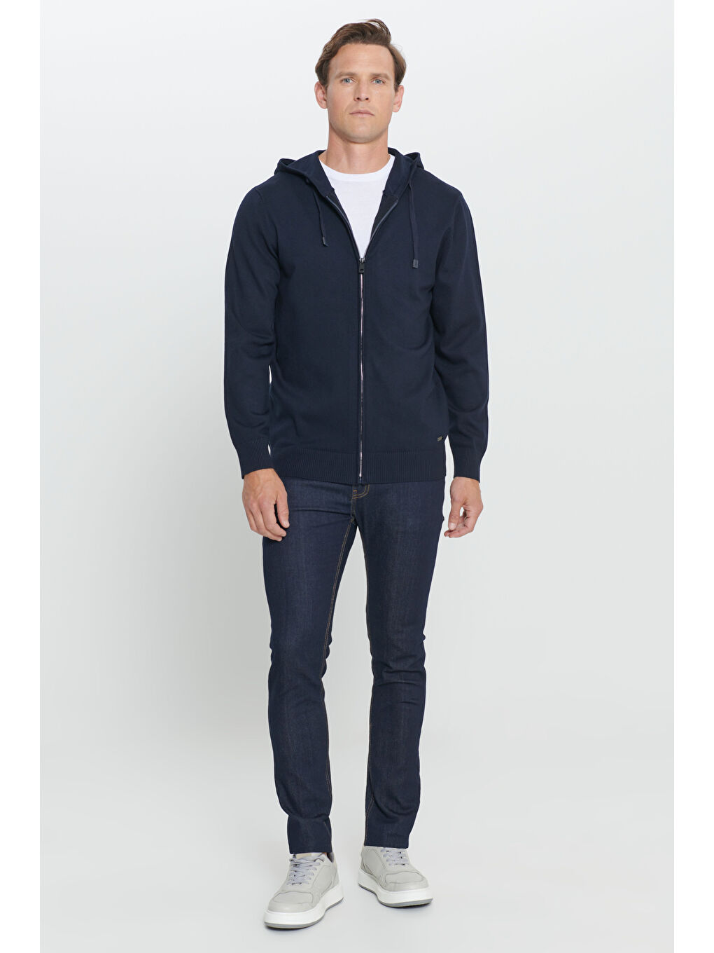 Lacivert Standart Fit Normal Kesim Kapüşonlu Triko Erkek Polar Fermuarlı Sweatshirt Hırka-1