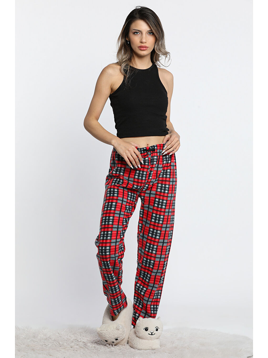 Kırmızı Kadın Bel Lastikli Desenli Polar Alt Pijama-2