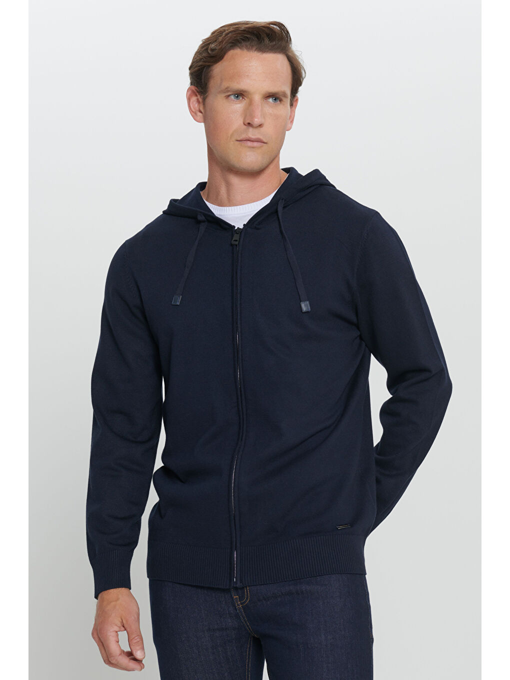 Lacivert Standart Fit Normal Kesim Kapüşonlu Triko Erkek Polar Fermuarlı Sweatshirt Hırka-2