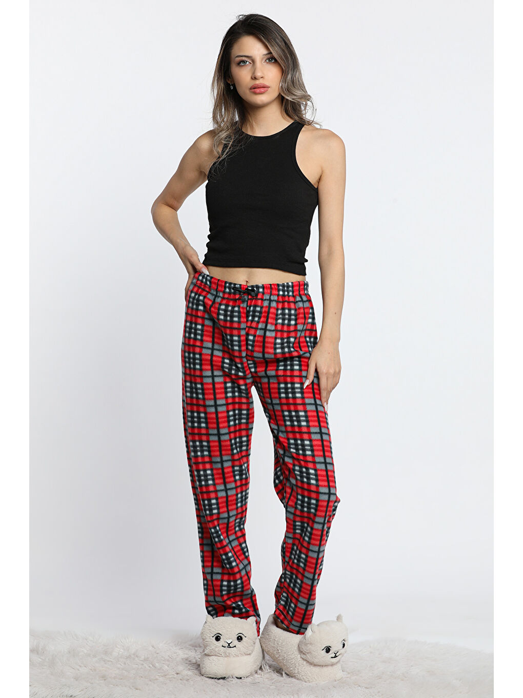 Kırmızı Kadın Bel Lastikli Desenli Polar Alt Pijama-3