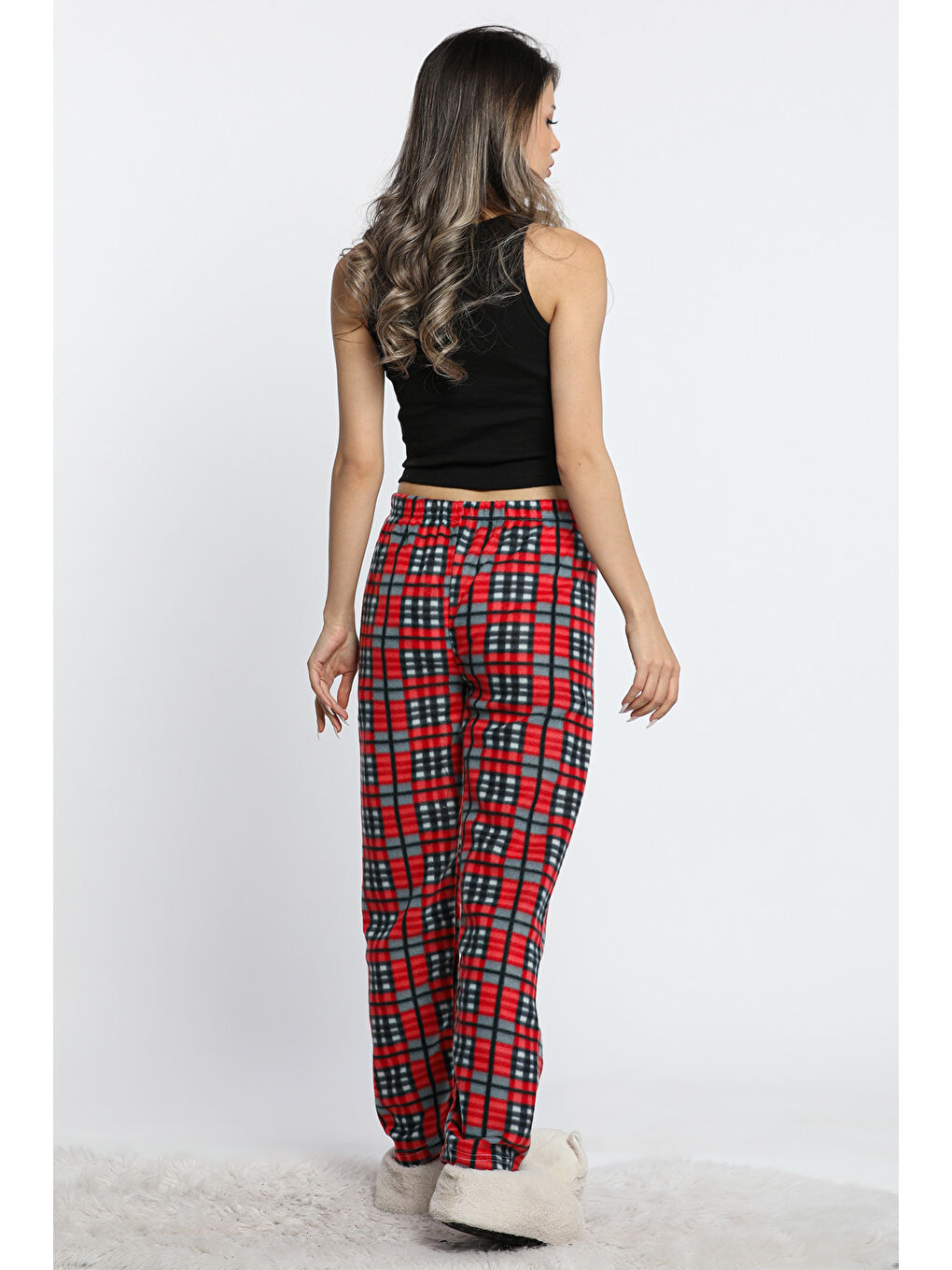 Kırmızı Kadın Bel Lastikli Desenli Polar Alt Pijama-4