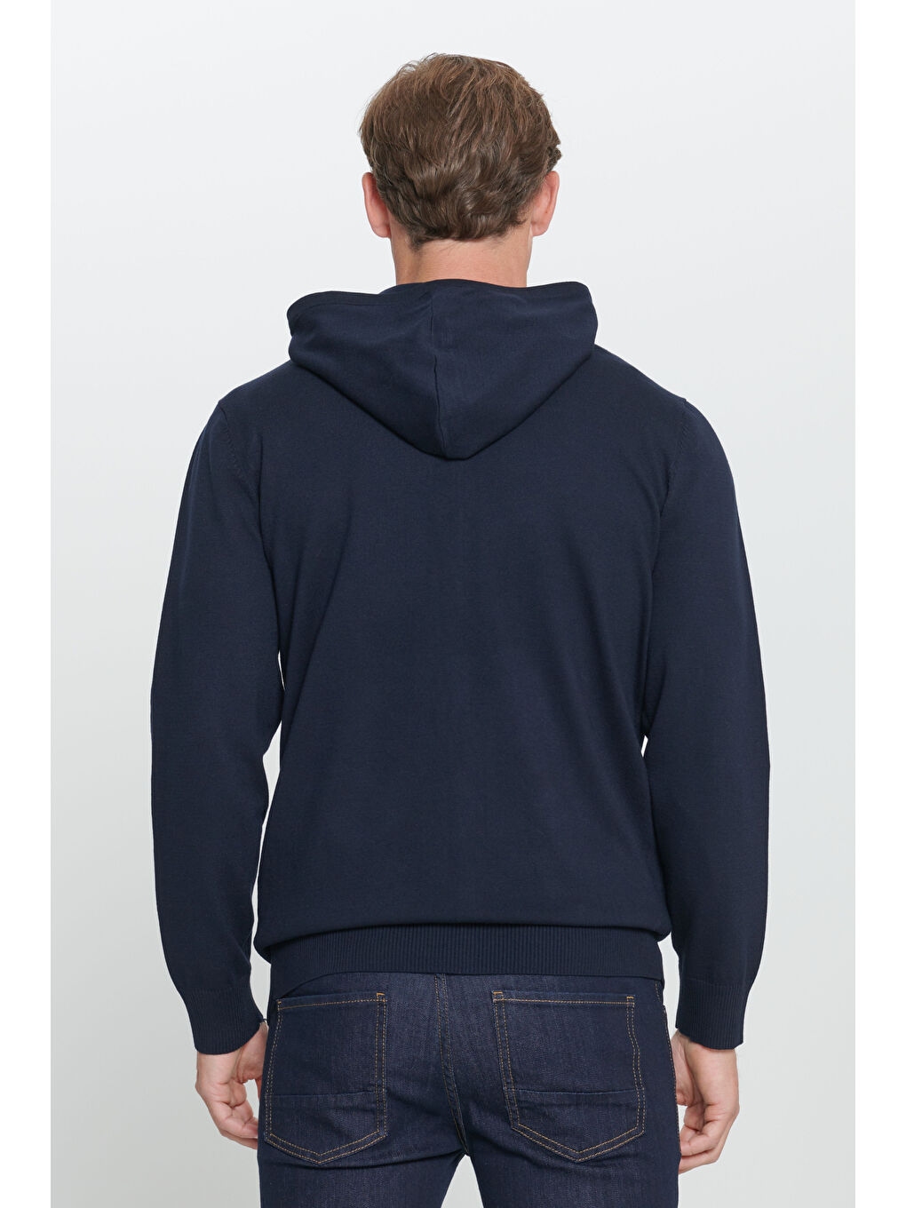 Lacivert Standart Fit Normal Kesim Kapüşonlu Triko Erkek Polar Fermuarlı Sweatshirt Hırka-4