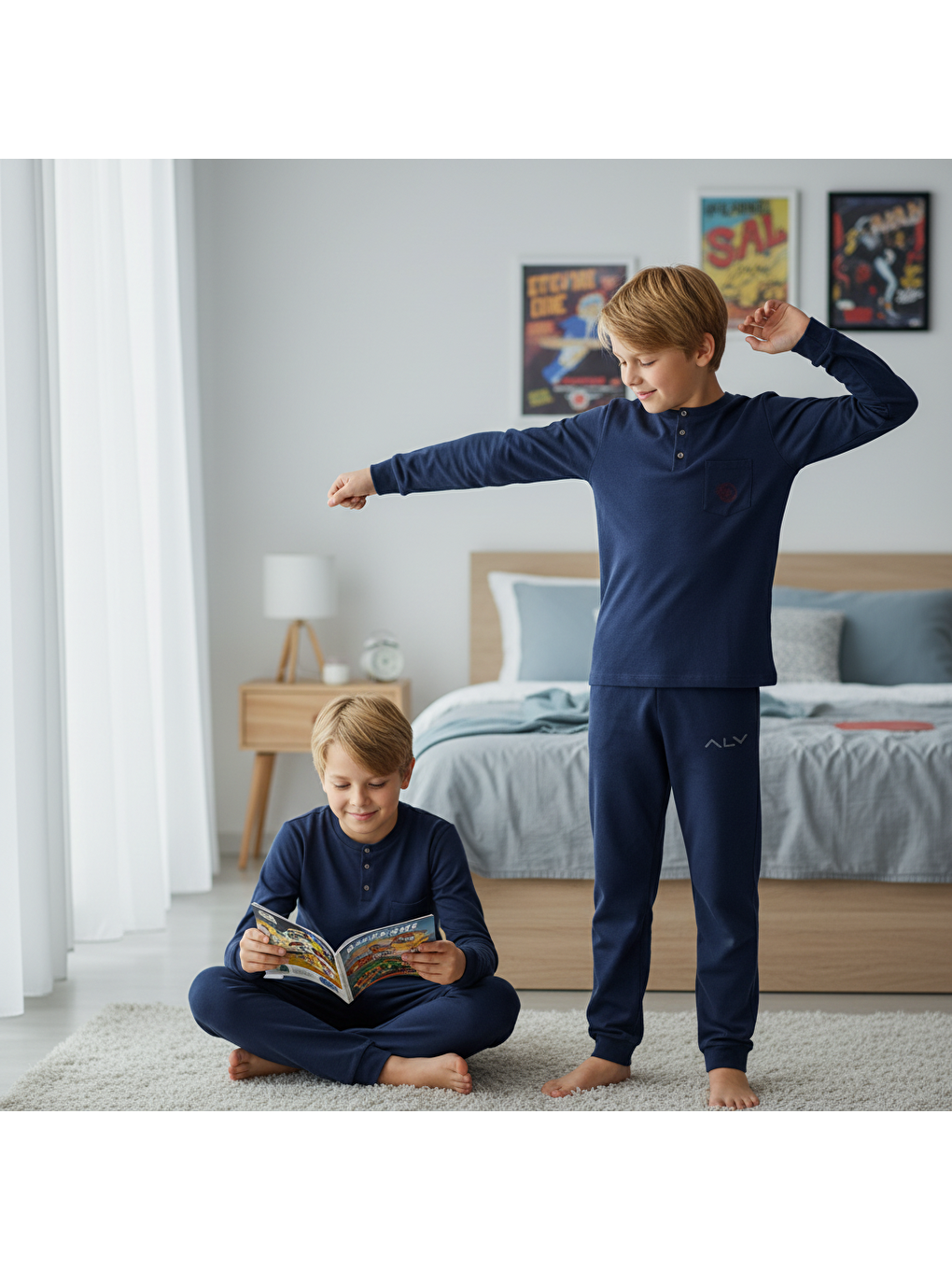 Genç Erkek Pamuklu Lacivert Renk Pijama Takımı Al007 V1 Bb2436-1