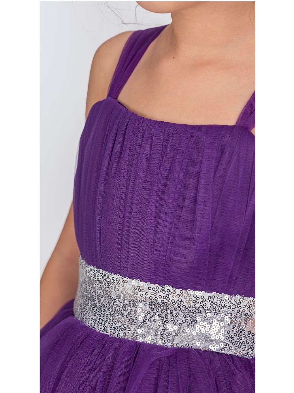 Mor Sırt Gipeli Tütü Etek Kız Çocuk Saten Parti Abiye Elbise-2