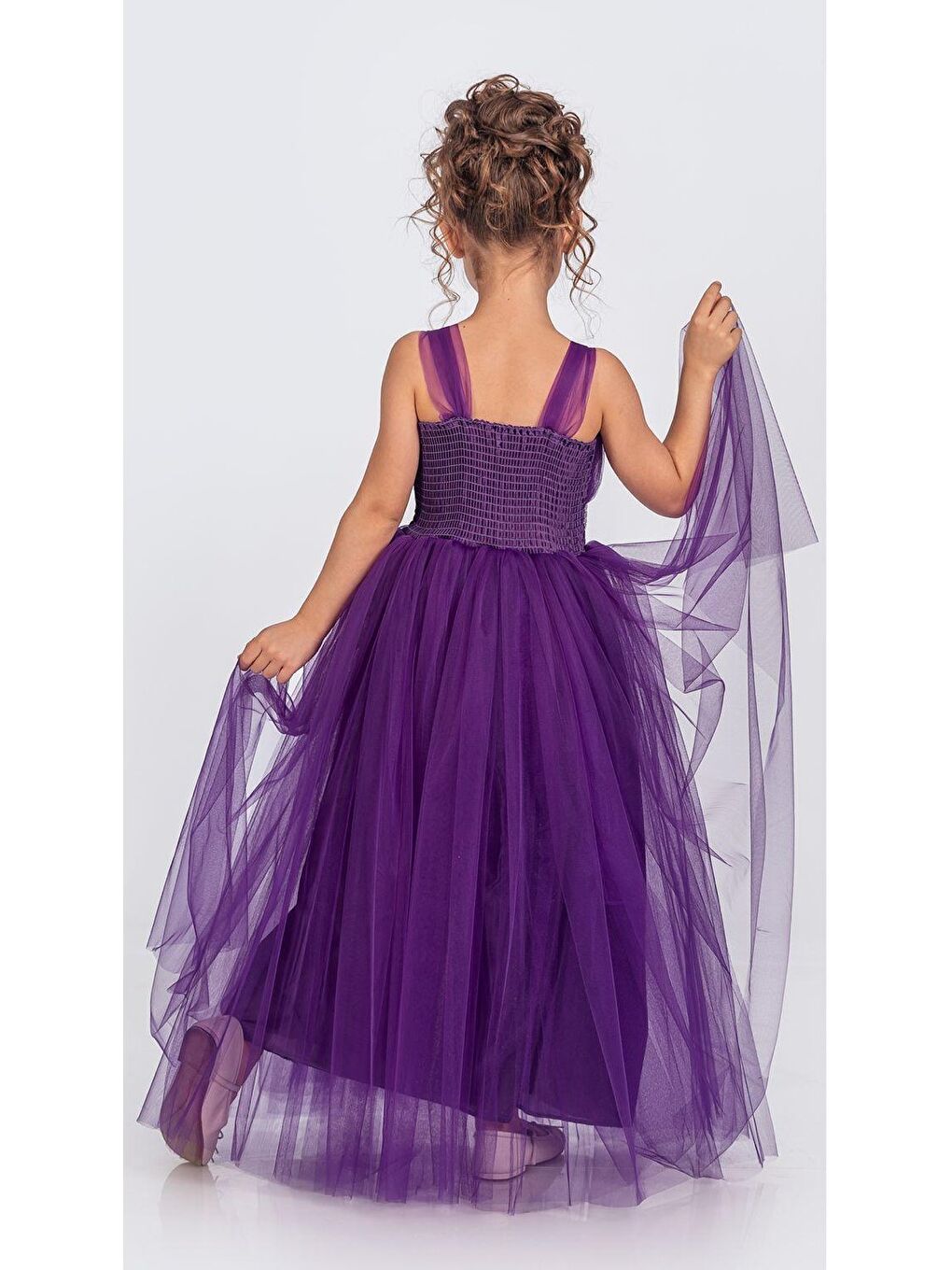 Mor Sırt Gipeli Tütü Etek Kız Çocuk Saten Parti Abiye Elbise-1