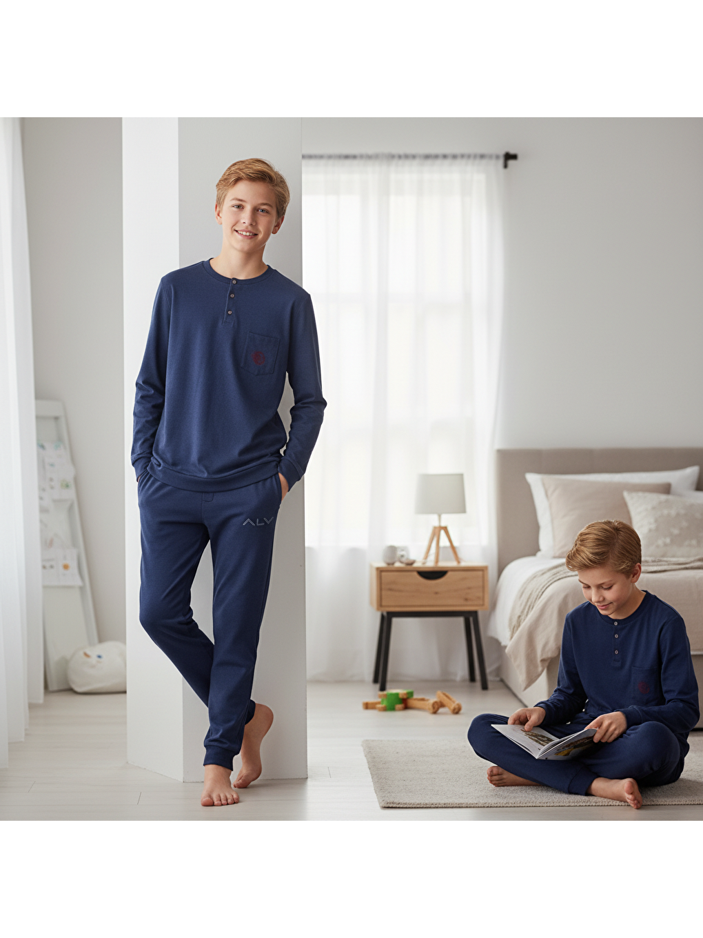 Genç Erkek Pamuklu Lacivert Renk Pijama Takımı Al007 V1 Bb2436-4